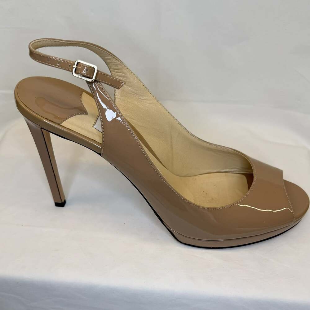 Jimmy Choo Nova 100 Nude Patent Leather Peep Toe Slingback Heels 41.5 Box - Picture 10 of 13